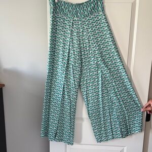 Elegant Green Patterned Wide Leg Women's Pants